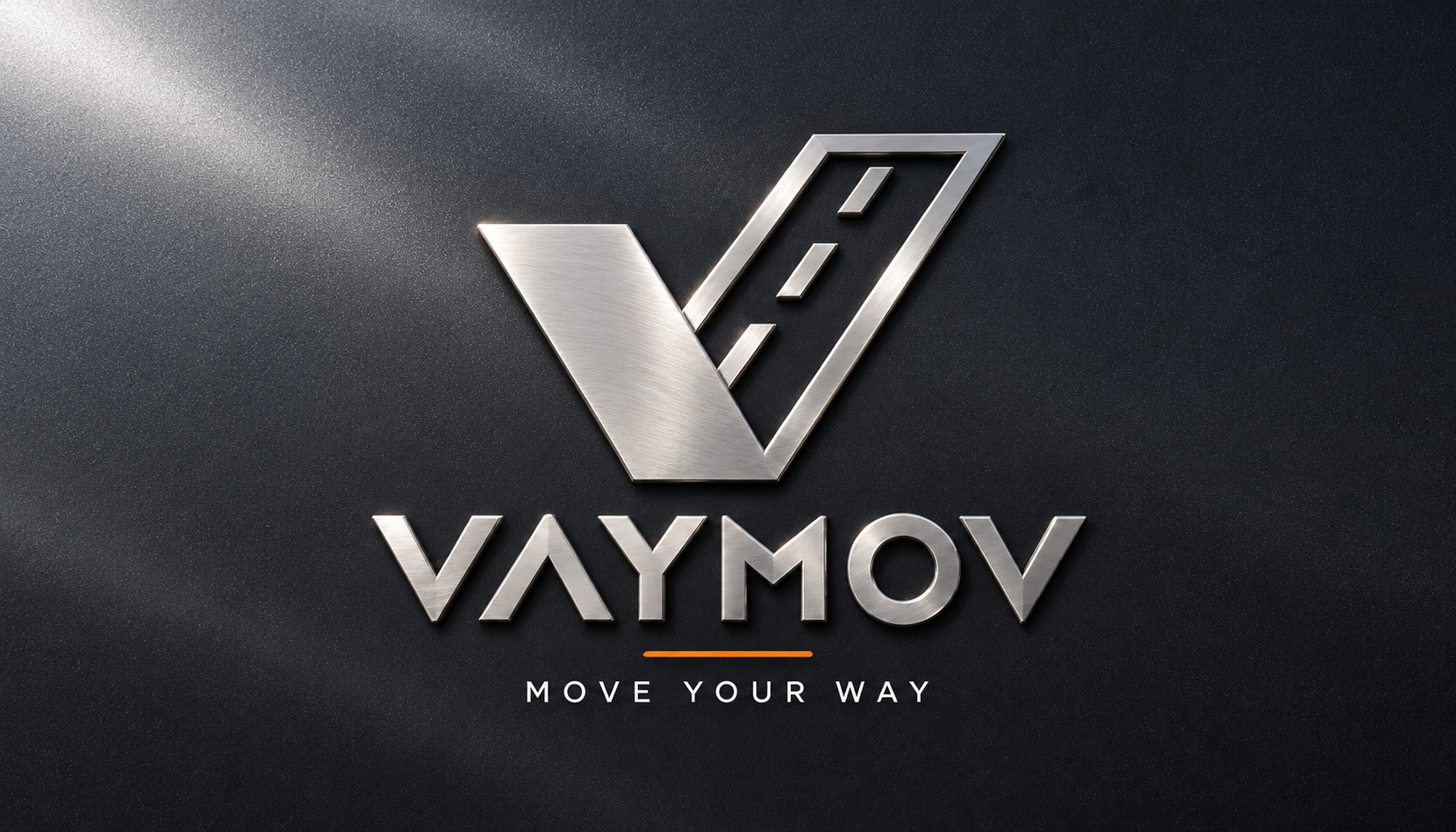 VAYMOV brushed silver folded-road emblem on graphite paint