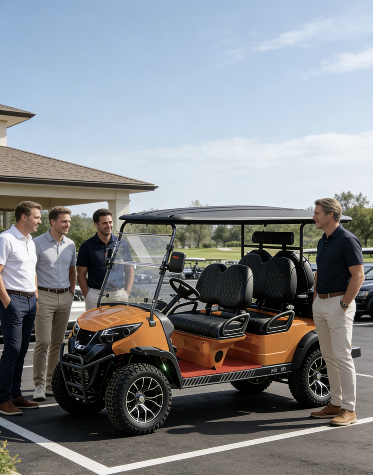 People gathered beside an orange golf cart
