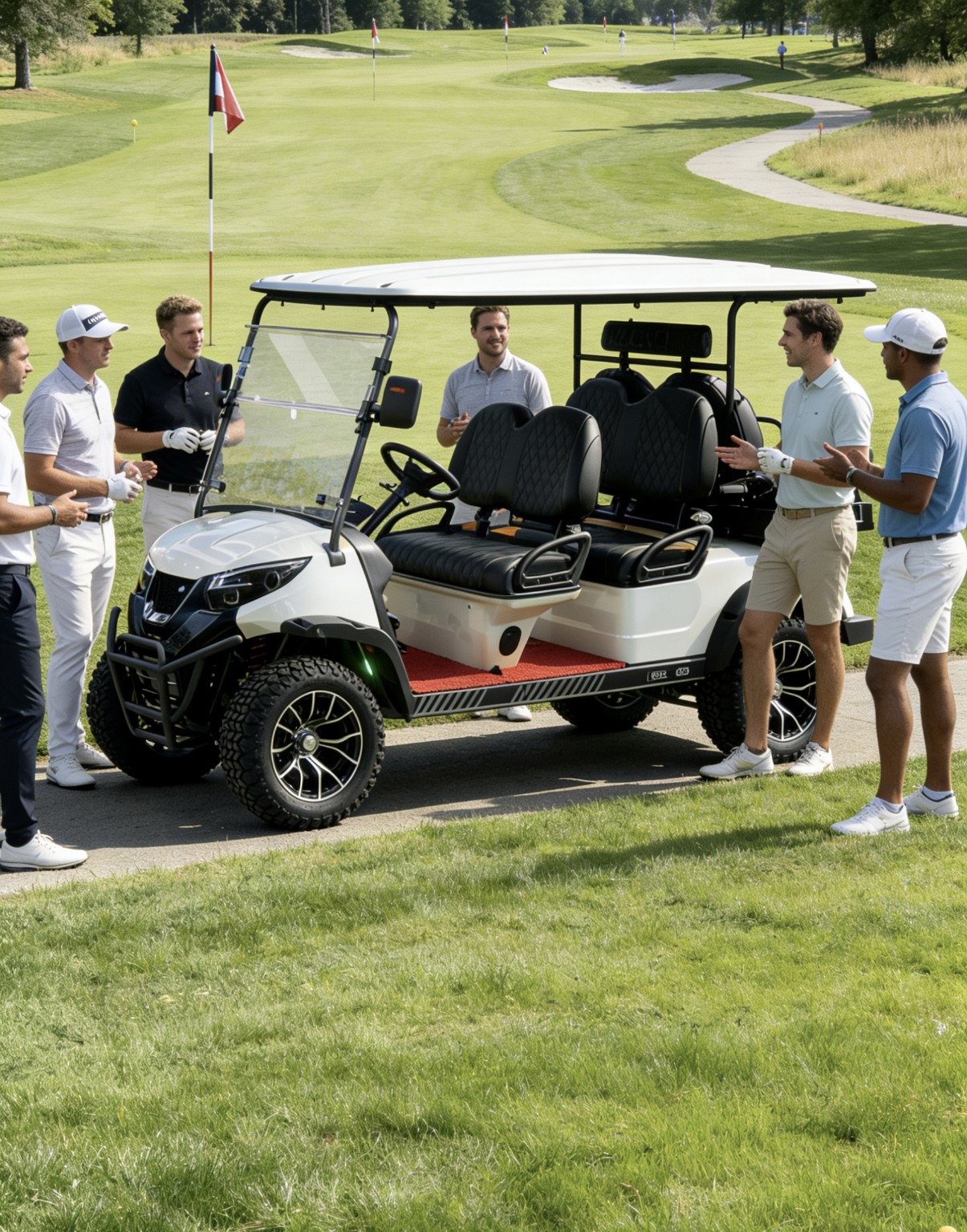 White golf cart with a group of friends at a golf course