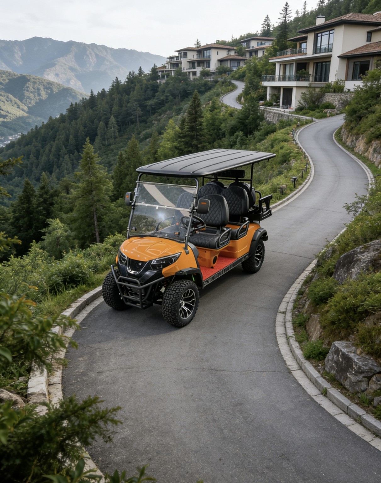 Orange golf cart on a winding road among hillside homes