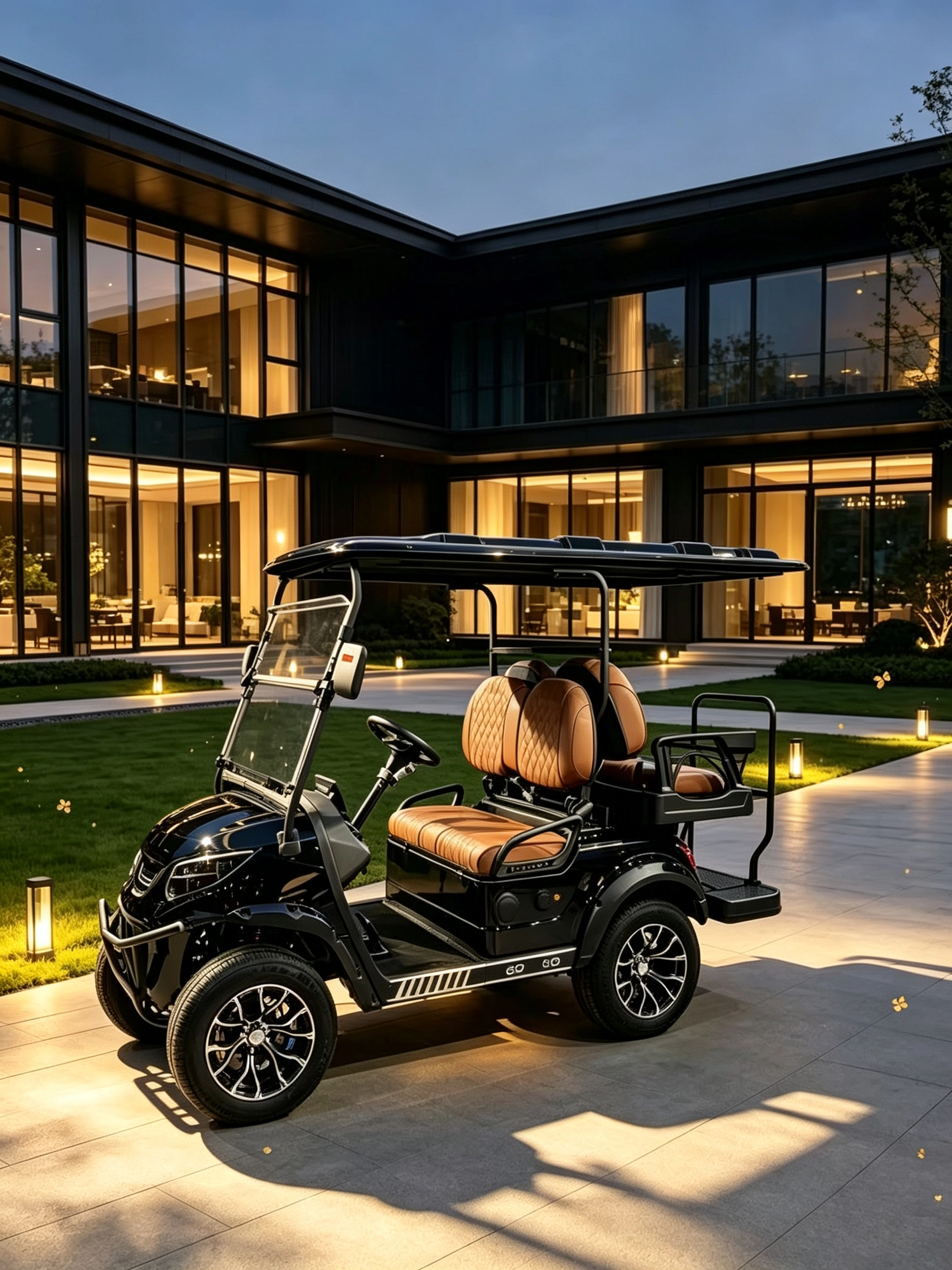 Black golf cart with tan seats outside a contemporary home at dusk